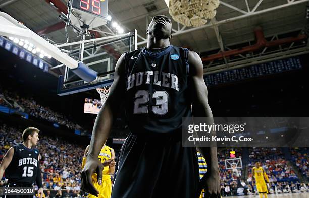 Khyle Marshall of the Butler Bulldogs reacts after losing a rebound out of bounds against the Marquette Golden Eagles in the second half during the...