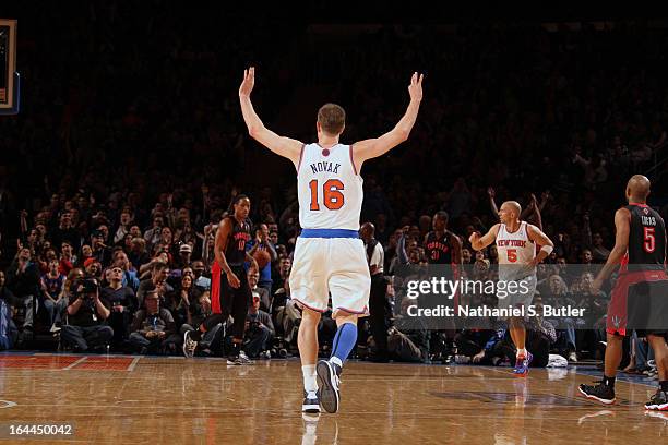 Steve Novak of the New York Knicks celebrates a win after playing against the Toronto Raptors on March 23, 2013 at Madison Square Garden in New York...