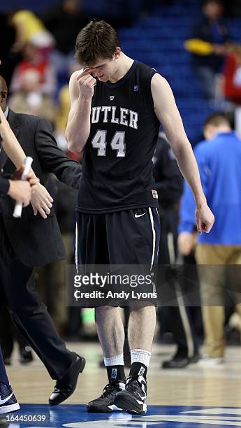 Andrew Smith of the Butler Bulldogs reacts after missing the game tying shot late in the game against the Marquette Golden Eagles during the third...