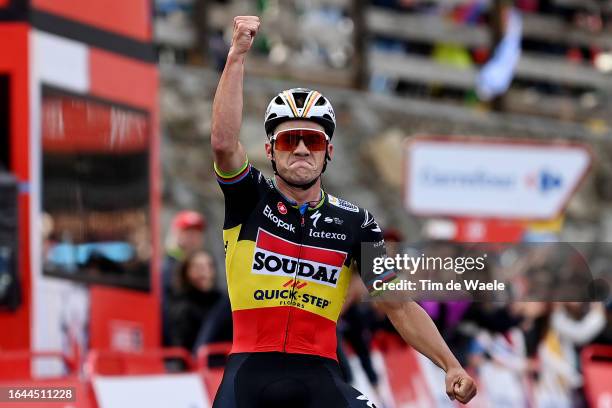 Remco Evenepoel of Belgium and Team Soudal - Quick Step celebrates at finish line as stage winner during the 78th Tour of Spain 2023, Stage 3 a...