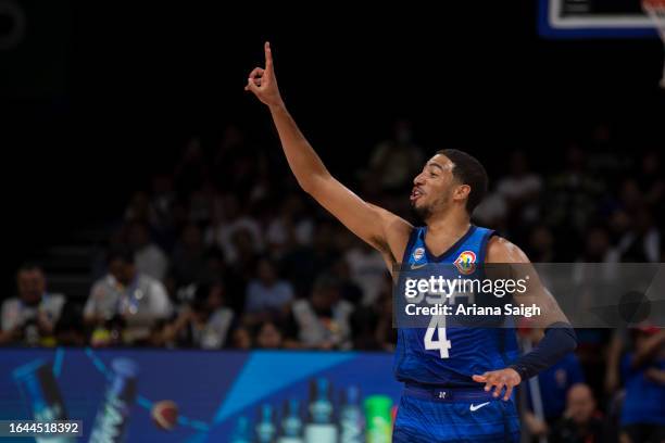 Tyrese Haliburton of USA during the FIBA Basketball World Cup Group C game between Greece and United States at Mall of Asia Arena on August 28, 2023...