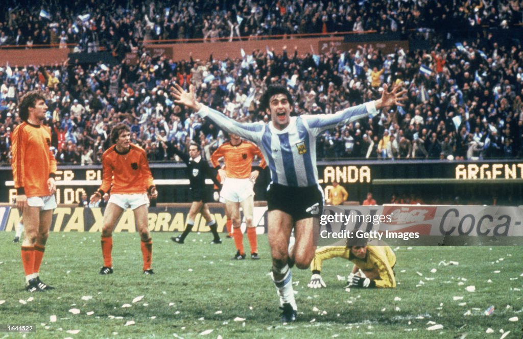 Mario Kempes of Argentina celebrates scoring a goal