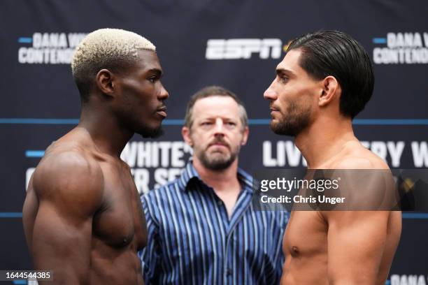 Bolaji Oki and Dylan Salvador face off during the DWCS season seven, week four weigh-in at Palace Station Hotel & Casino on August 28, 2023 in Las...