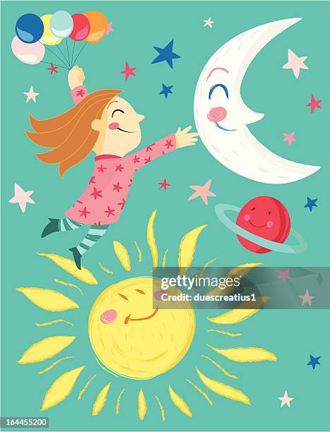 mädchen mit luftballons, mond und sonne und planeten und sterne - mond stock-grafiken, -clipart, -cartoons und -symbole