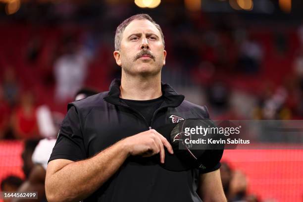 Head coach Arthur Smith of the Atlanta Falcons stands on the sidelines during the national anthem prior to an NFL preseason football game against the...