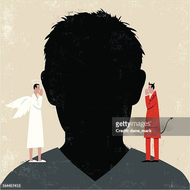 man's head with devil and angel on shoulders - temptation stock illustrations