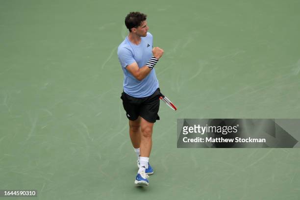 Dominic Thiem of Austria reacts against Alexander Bublik of Kazakhstan during their Men's Singles First Round match on Day One of the 2023 US Open at...