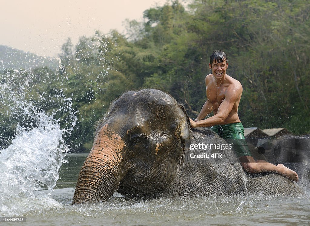 Man riding and bathing an Elephant, Tropical Rain Forest