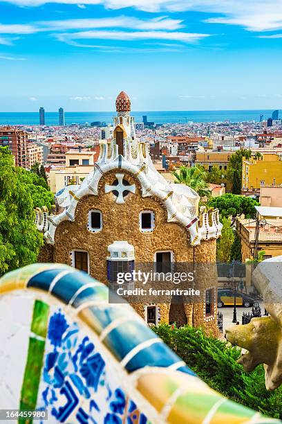 barcelona skyline from park guell - park guell stock pictures, royalty-free photos & images