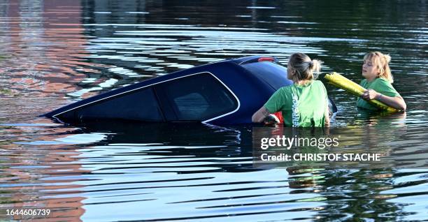 Environmental activists of Greenpeace stand in a pond next to a sunken old car during a protest close to the venue of the International Motor Show...