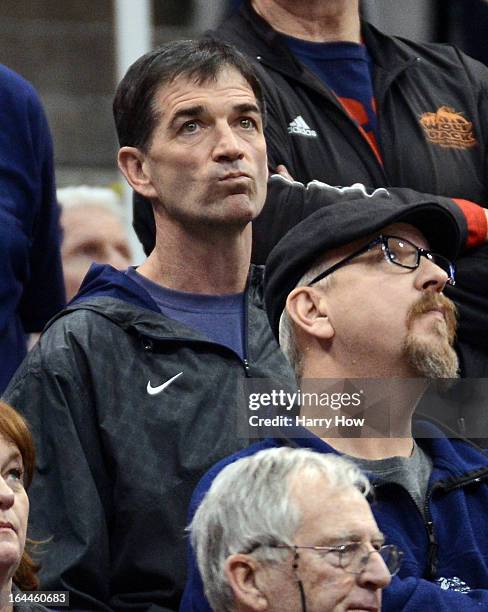 Former Utah Jazz John Stockton reacts during a 76-70 Wichita State win over the Gonzaga Bulldogs during the third round of the 2013 NCAA Basketball...