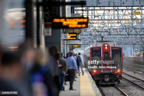 Metro-North train approaches the Stamford Transportation Center on August 28, 2023 in Stamford, Connecticut. Major upgrades to the facility are being...