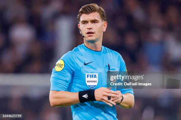 Referee Joey Kooij looks on during the Dutch Eredivisie match between Heracles Almelo and Excelsior Rotterdam at Erve Asito on September 2, 2023 in...