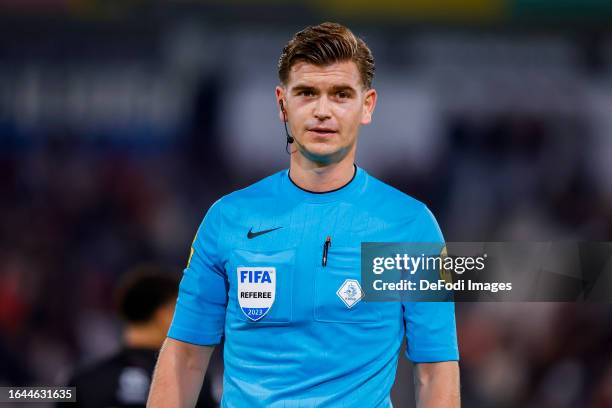 Referee Joey Kooij looks on during the Dutch Eredivisie match between Heracles Almelo and Excelsior Rotterdam at Erve Asito on September 2, 2023 in...