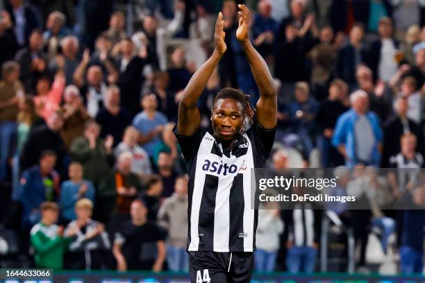 Mohamed Sankoh of Heracles Almelo scores the 3-1 celebrating his goal during the Dutch Eredivisie match between Heracles Almelo and Excelsior...