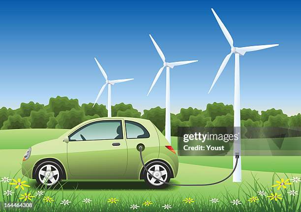 green hybrid car charging with a wind generator - horizontal axis wind turbine stock illustrations