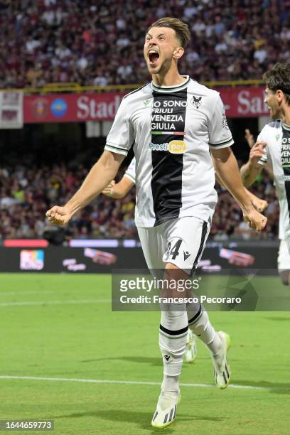 Lazar Samardzic of Udinese Calcio celebrates after scoring the 0-1 goal during the Serie A TIM match between US Salernitana and Udinese Calcio at...