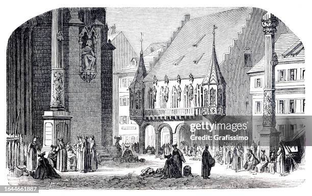 historischer kaufmannssaal in freiburg, deutschland, 1867 - freiburg im breisgau stock-grafiken, -clipart, -cartoons und -symbole