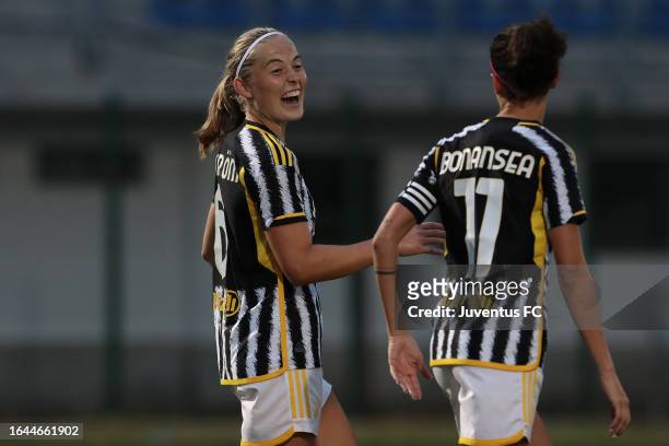 Paulina Nystrom of Juventus celebrates with her teammate Barbara Bonansea during the pre-season friendly match between Como Women and Juventus Women...