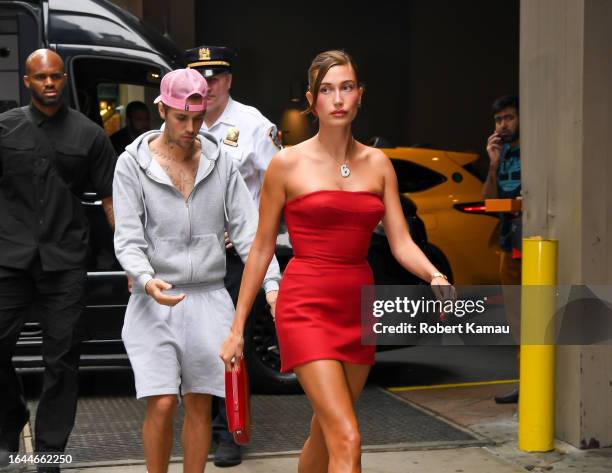 Justin Bieber and Hailey Bieber arrive at Krispy Kreme in Times Square on August 28, 2023 in New York City.