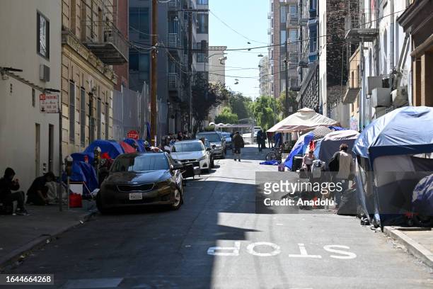 Homeless encampment and homeless people are seen in Tenderloin District of San Francisco, California, United States on August 28, 2023.