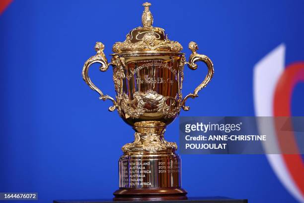 This photograph taken on September 04, 2023 shows the Rugby Union World Cup trophy, the Webb Ellis Cup, presented during the tournament opening...