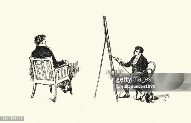 artist painting a mans portrait, victorian, illustration from the story prue and i by george william curtis - easel stock illustrations
