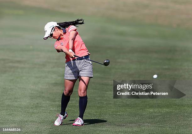 Ai Miyazato of Japan plays a shot during the third round of the RR Donnelley LPGA Founders Cup at Wildfire Golf Club on March 16, 2013 in Phoenix,...