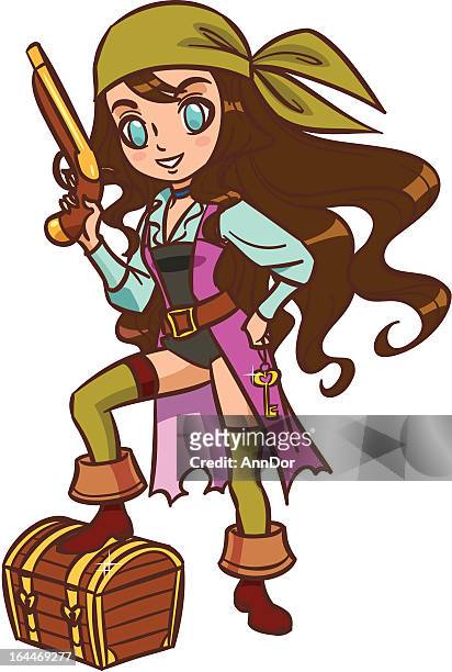 Cartoon Chibi Pirate Girl With Pistol And Treasure Chest High-Res Vector  Graphic - Getty Images