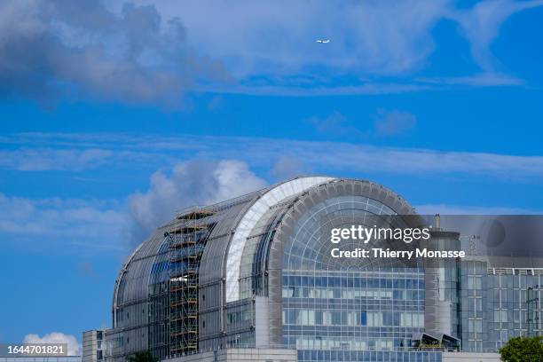 Scaffolding is added to the arch of the European Parliament on August 28 in Brussels, Belgium. The Paul-Henri Spaak building which houses the...