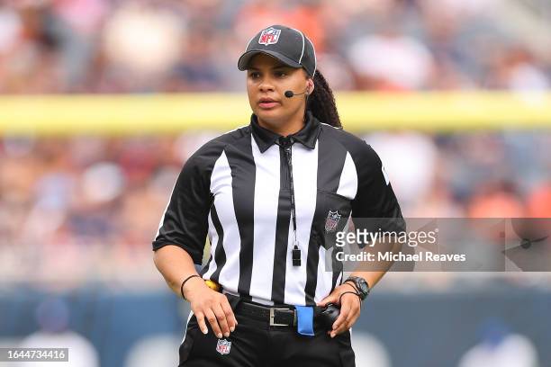 Line judge Maia Chaka looks on during the first half of a preseason game between the Chicago Bears and the Buffalo Bills at Soldier Field on August...
