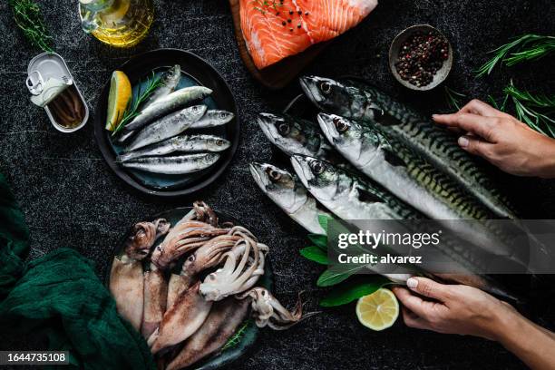 point of view of chef hands arranging of fresh fish and seafood on black table - omega 3 fish stock pictures, royalty-free photos & images