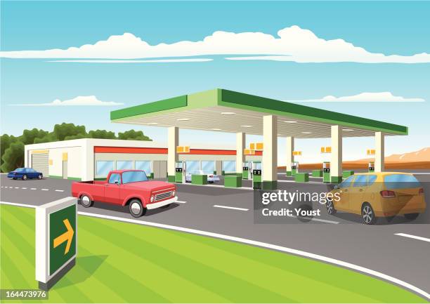 ilustrações de stock, clip art, desenhos animados e ícones de moderna estação abastecer - gas station