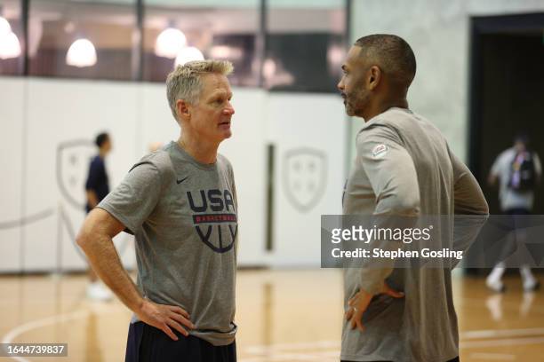 Steve Kerr and Grant Hill of the USA Men's Senior National Team chats during practice on September 4, 2023 at Kerry Sport Center in Manila,...