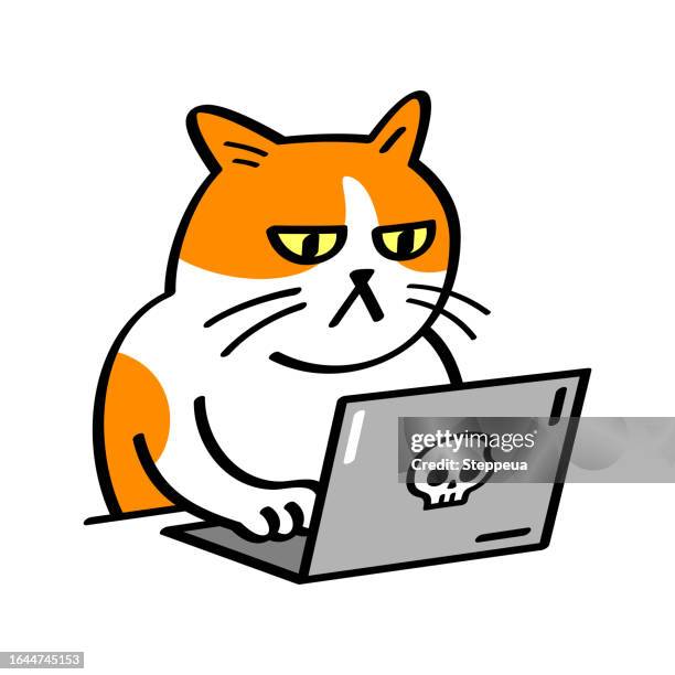angry cat using a laptop - sticker stock illustrations