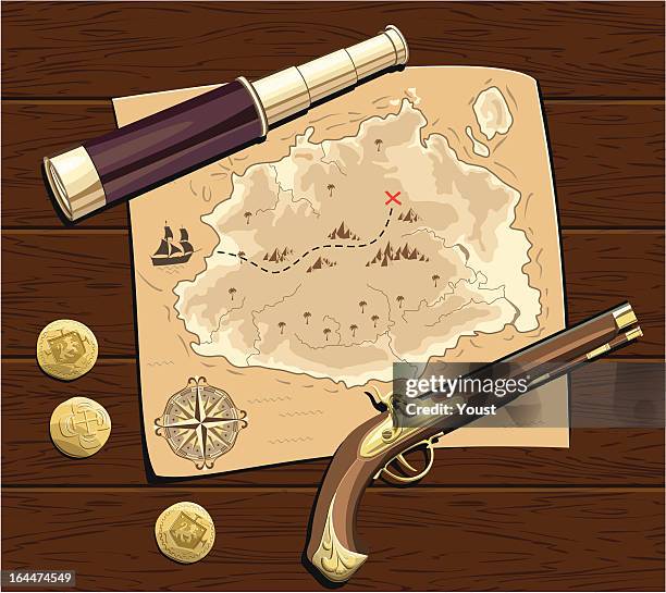 ilustrações de stock, clip art, desenhos animados e ícones de piratas mapa do tesouro - pistola