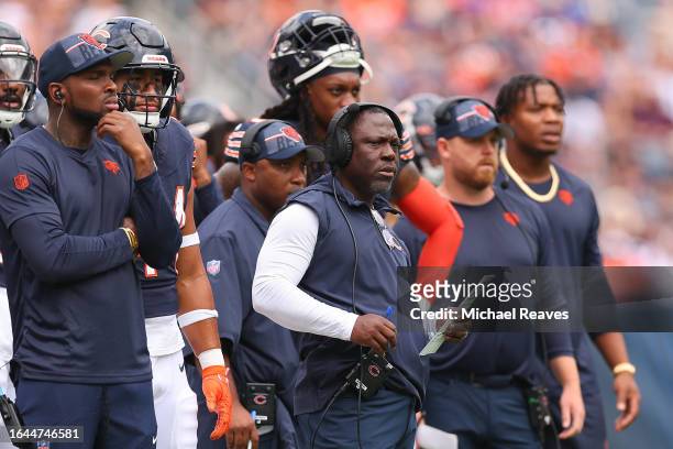 Defensive coordinator Alan Williams of the Chicago Bears looks on against the Buffalo Bills during the first half of a preseason game at Soldier...