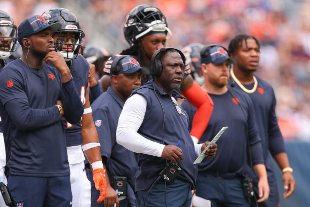 Defensive coordinator Alan Williams of the Chicago Bears looks on against the Buffalo Bills during the first half of a preseason game at Soldier...