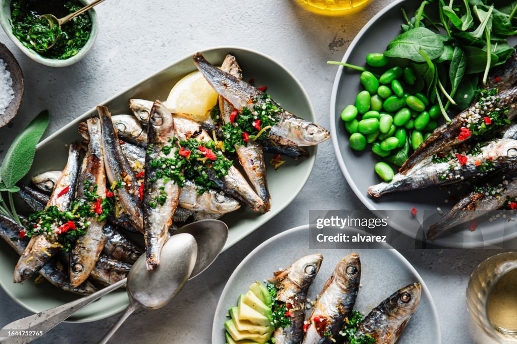 Top view of spicy seafood served on dinner table