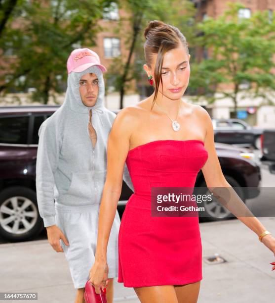 Justin Bieber and Hailey Bieber are seen on August 28, 2023 in New York City.