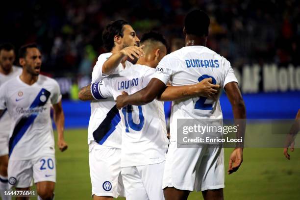 Lautaro Martinez of Inter celebrates his goal 0-2 during the Serie A TIM match between Cagliari Calcio and FC Internazionale at Sardegna Arena on...