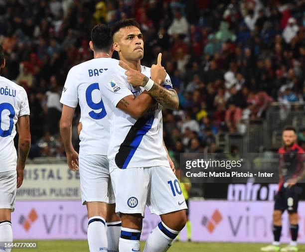 Lautaro Martinez of FC Internazionale celebrates after scoring the goal during the Serie A TIM match between Cagliari Calcio and FC Internazionale at...