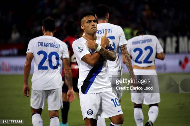 Lautaro Martinez of Inter celebrates his goal 0-2 during the Serie A TIM match between Cagliari Calcio and FC Internazionale at Sardegna Arena on...