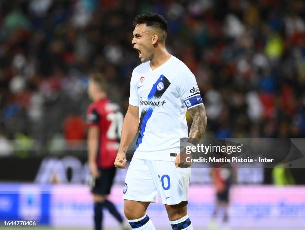 Lautaro Martinez of FC Internazionale celebrates after scoring the goal during the Serie A TIM match between Cagliari Calcio and FC Internazionale at...