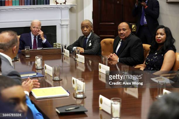 President Joe Biden meets with organizers of the 60th anniversary of the March on Washington, including The Rev. Al Sharpton, Martin Luther King III,...