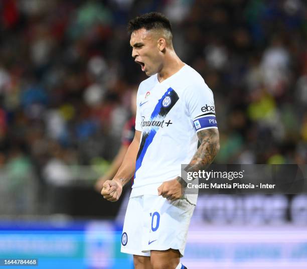 Lautaro Martinez of FC Internazionale celebrates after scoring the goal during the Serie A TIM match between Cagliari Calcio and FC Internazionale at...