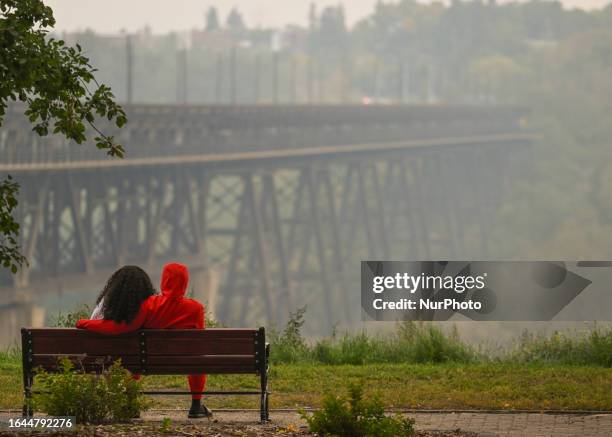 View of the High Level Bridge in Edmonton amid wildfire smoke, on September 03 in Edmonton, Canada. Wildfires in western and northern Canada prompted...