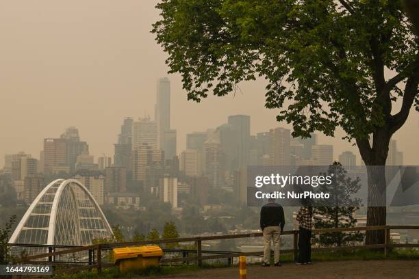 View of downtown Edmonton amid wildfire smoke, on September 03 in Edmonton, Canada. Wildfires in western and northern Canada prompted air quality...