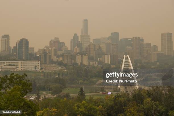 View of downtown Edmonton amid wildfire smoke, on September 03 in Edmonton, Canada. Wildfires in western and northern Canada prompted air quality...