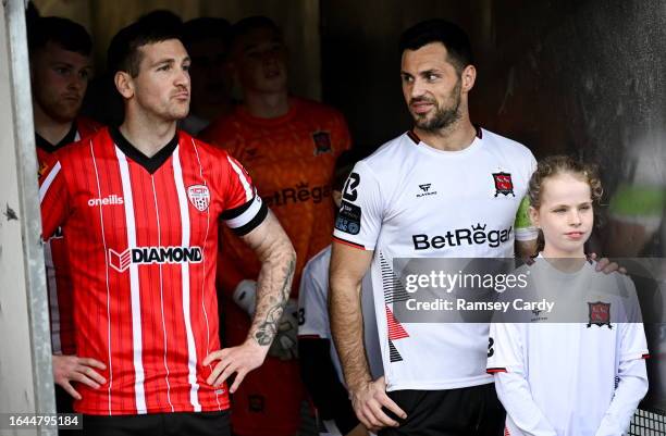 Louth , Ireland - 1 September 2023; Patrick McEleney of Derry City and Patrick Hoban of Dundalk before the SSE Airtricity Men's Premier Division...